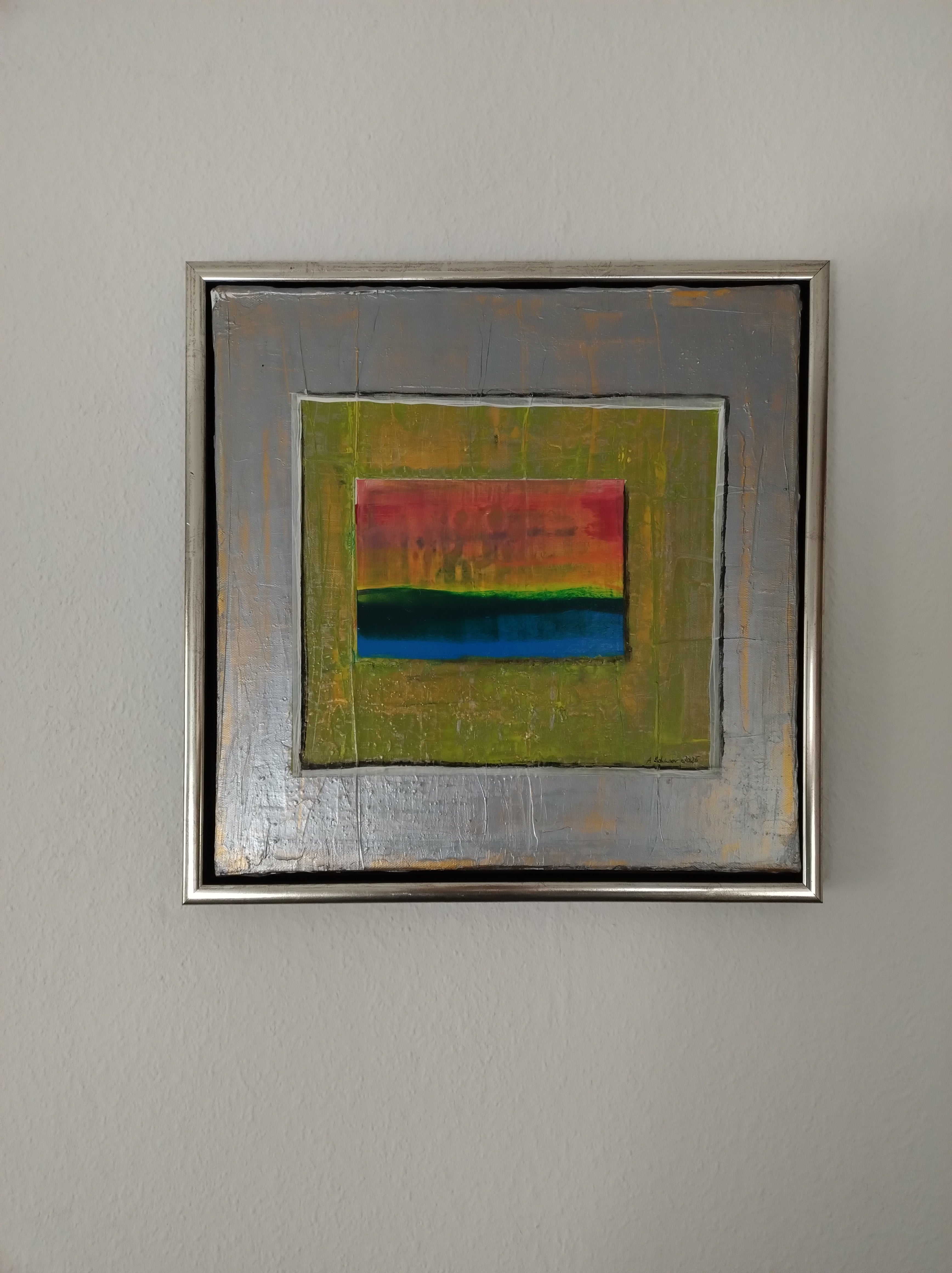 Unikat: Farbspiel in Silber, 40 cm x 40 cm, Acryl auf Leinwand